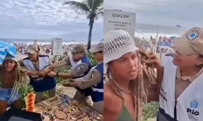 Agentes da Seop durante operação na Praia de Ipanema após caso envolvendo artesã.
