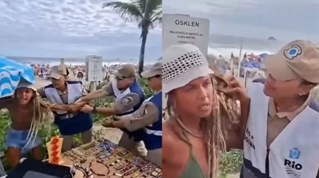 Agentes da Seop durante operação na Praia de Ipanema após caso envolvendo artesã.