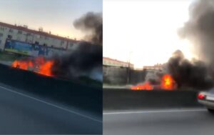 Carro pega fogo e interdita RJ-104 em São Gonçalo