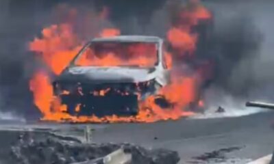 explosão carreta Via Dutra com caminhão em chamas e equipes de resgate